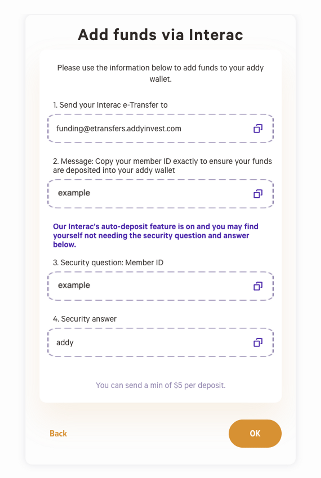 Depositing funds via Interac